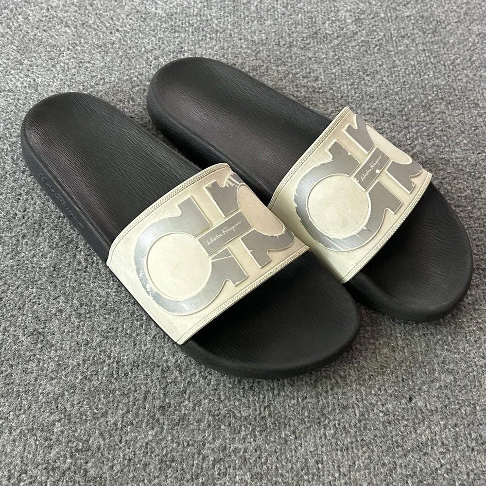 Salvatore Ferragamo Slide Sandals Mens 11 Black White Logo Rubber Gancini